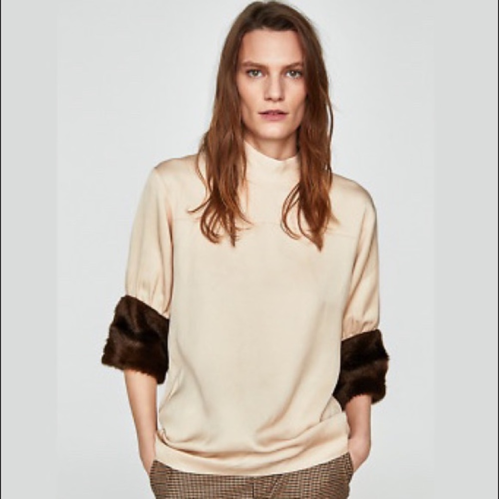 ZARA Women High Neck Faux Fur Blouse